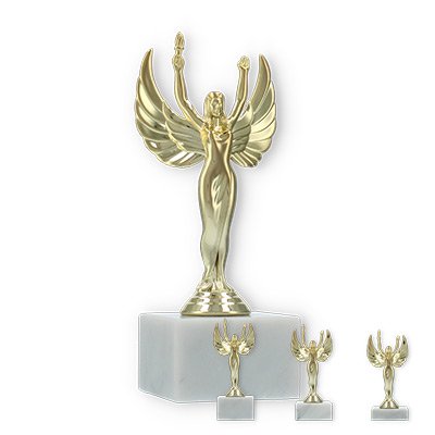 Pokal Kunststofffigur Siegesgöttin gold auf weißem Marmorsockel