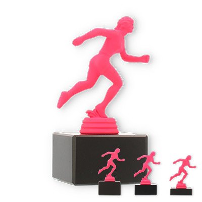 Pokal Kunststofffigur Läuferin pink auf schwarzem Marmorsockel