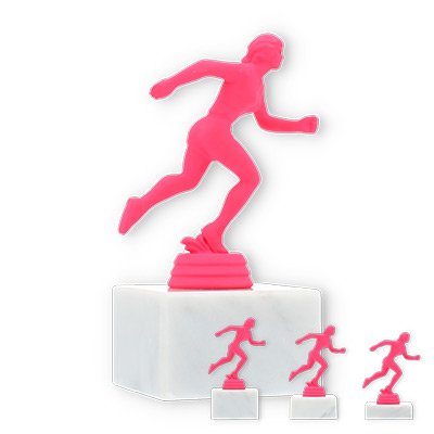 Troféu figura de plástico cor-de-rosa sobre base de mármore branco