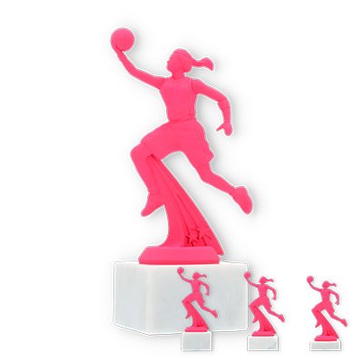 Troféu figura plástica de jogador de basquetebol rosa sobre base de mármore branco