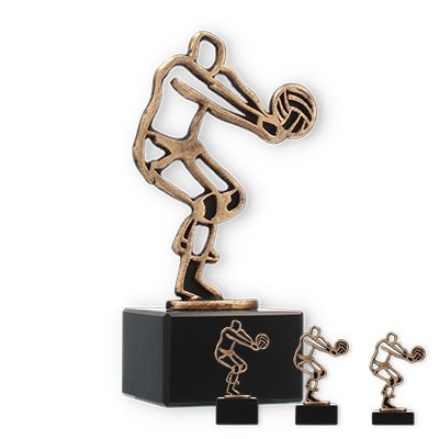 Pokal Konturfigur Volleyballer altgold auf schwarzem Marmorsockel