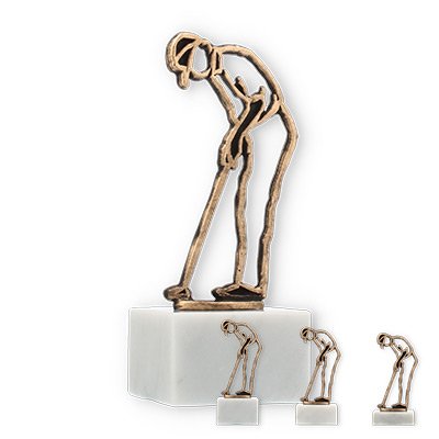 Trophy contour figure golfer old gold on white marble base