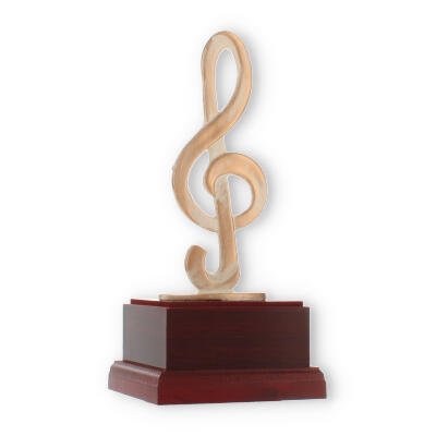 Pokal Zamakfigur Modern Notenschlüssel gold-weiß auf mahagonifarbenen Holzsockel