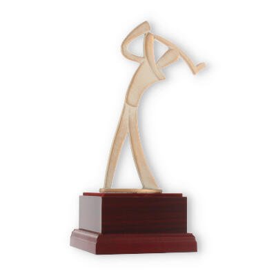 Trophy zamac figure modern golfer gold-white on mahogany colored wooden base
