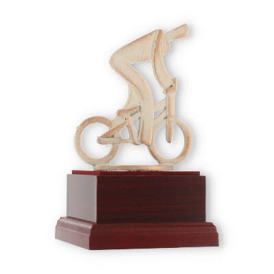 Pokal Zamakfigur Modern Radfahrer gold-weiß auf mahagonifarbenen Holzsockel