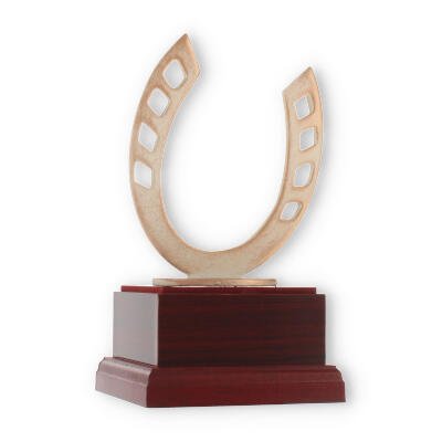 Pokal Zamakfigur Modern Hufeisen gold-weiß auf mahagonifarbenen Holzsockel
