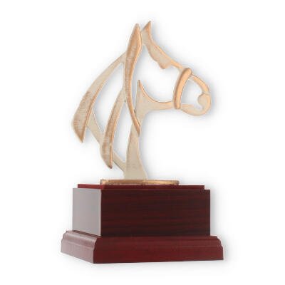 Pokal Zamakfigur Modern Pferdekopf gold-weiß auf mahagonifarbenen Holzsockel