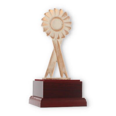 Troféu figura Zamak Roseta moderna Fitas douradas e brancas sobre base de madeira de mogno