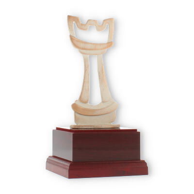 Trofeo Figura de Zamak Pieza de ajedrez moderna dorada-blanca sobre base de madera de caoba