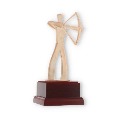Pokal Zamakfigur Modern Bogenschütze gold-weiß auf mahagonifarbenen Holzsockel