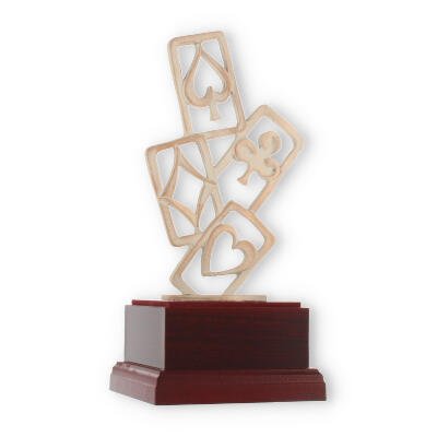 Pokal Zamakfigur Modern Spielkarten gold-weiß auf mahagoni Holzsockel