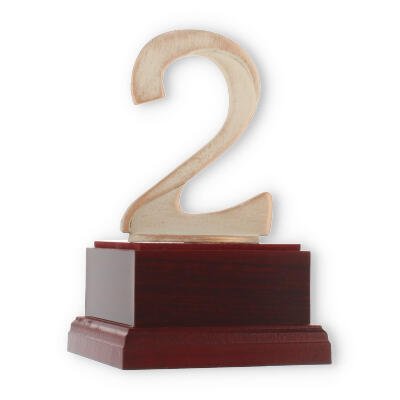 Pokal Zamakfigur Modern Zahl 2 gold-weiß auf mahagonifarbenen Holzsockel