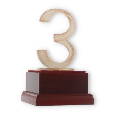Pokal Zamakfigur Modern Zahl 3 gold-weiß auf mahagonifarbenen Holzsockel