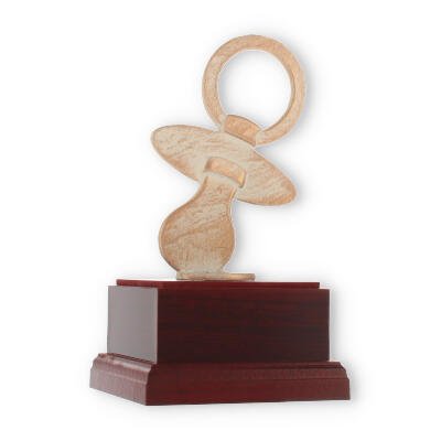 Pokal Zamakfigur Modern Schnuller gold-weiß auf mahagonifarbenen Holzsockel