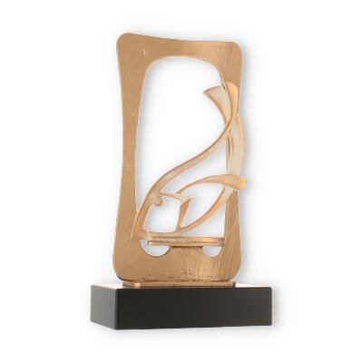 Trofeo marco figura de zamak pez dorado y blanco sobre base de madera negra