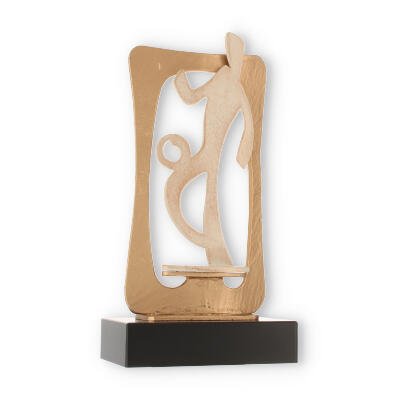 Trofeo marco figura zamak futbolista dorado y blanco sobre base de madera negra
