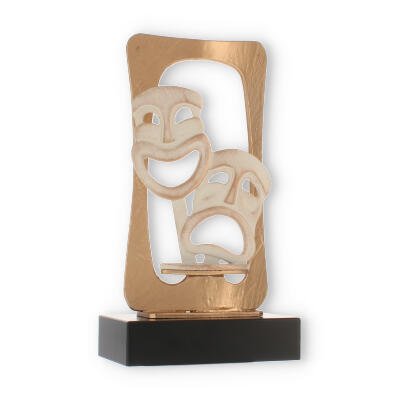 Troféu figura Zamak Máscaras emolduradas a ouro e branco sobre base de madeira preta