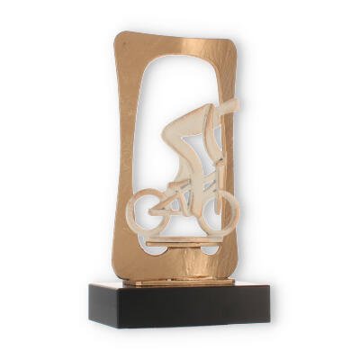 Pokal Zamakfigur Frame Radfahrer gold-weiß auf schwarzem Holzsockel