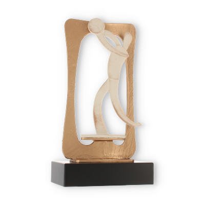 Troféu zamak figura de jogador de voleibol em moldura dourado e branco sobre base de madeira preta