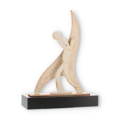 Troféu zamak figura de jogador de voleibol em chamas dourado e branco sobre base de madeira preta