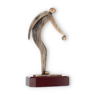 Pokal Zamakfigur Boule-Spieler altgold auf mahagonifarbenen Holzsockel