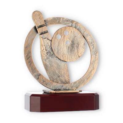 Pokal Zamakfigur Bowling im Kranz altgold auf mahagonifarbenen Holzsockel