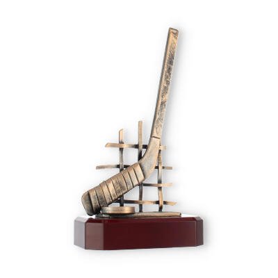Pokal Zamakfigur Eishockey altgold auf mahagonifarbenen Holzsockel