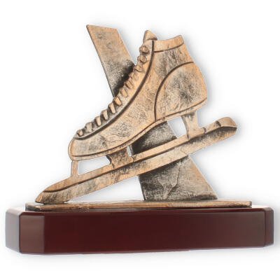 Trophy zamac figure speed skating old gold on mahogany colored wooden base
