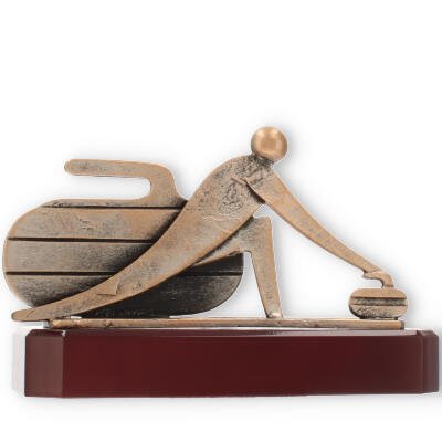 Pokal Zamakfigur Curlingspieler altgold auf mahagonifarbenen Holzsockel