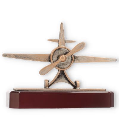 Pokal Zamakfigur Propellerflugzeug altgold auf mahagonifarbenen Holzsockel