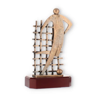 Pokal Zamakfigur Fußballer altgold auf mahagonifarbenen Holzsockel
