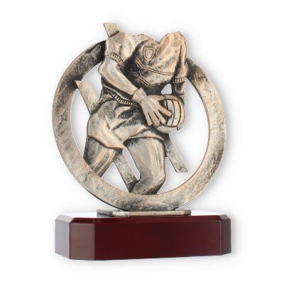Troféu figura zamak Gaelic Football velho ouro sobre base de madeira de mogno