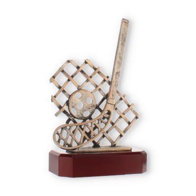 Pokal Zamakfigur Unihockey altgold auf mahagonifarbenen Holzsockel