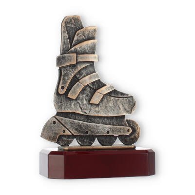 Troféu zamak figura de patinador em linha ouro velho sobre base de madeira de mogno