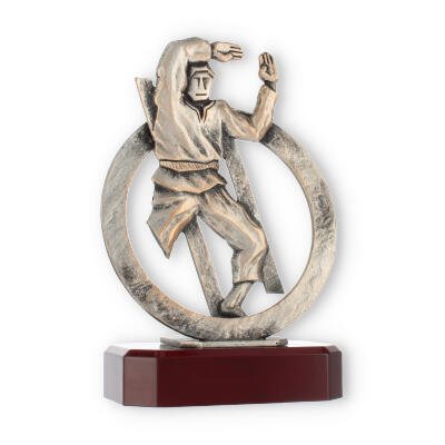 Pokal Zamakfigur Karate im Kranz altgold auf mahagoni Holzsockel