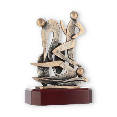 Pokal Zamakfigur Triathlon altgold auf mahagonifarbenen Holzsockel