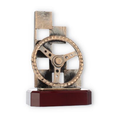 Trofeo volante de figuras de zamak oro viejo sobre base de madera de caoba