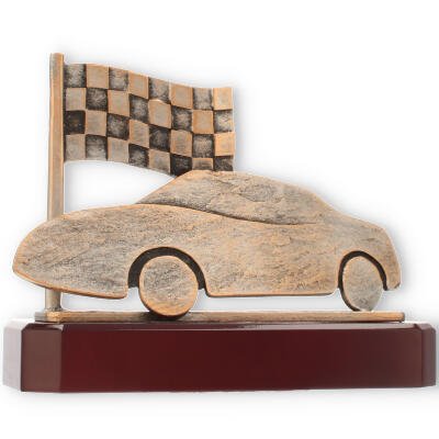 Trofeo zamak figura coche deportivo oro viejo sobre base madera caoba
