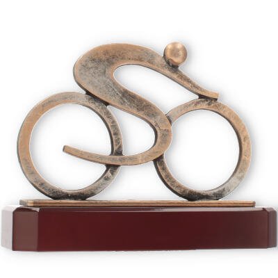 Pokal Zamakfigur Radrennen altgold auf mahagonifarbenen Holzsockel