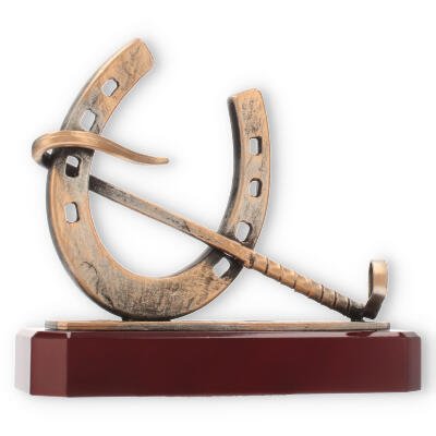 Trofeo figura de zamak cabalgando oro viejo sobre base de madera de caoba