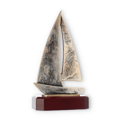 Trofeo zamak figura velero deportivo oro viejo sobre base madera caoba