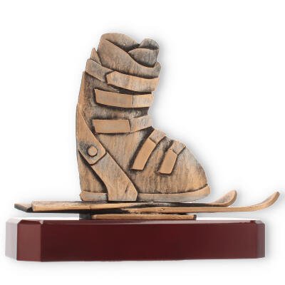Trophy zamac figure ski boot old gold on mahogany colored wooden base