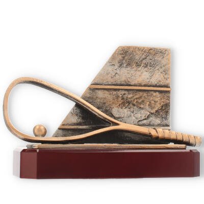 Trophy zamac figure squash racket old gold on mahogany colored wooden base