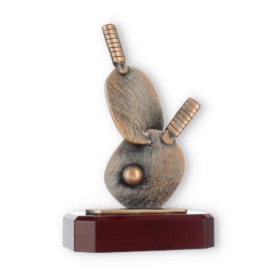 Pokal Zamakfigur Tischtennisschläger altgold auf mahagonifarbenen Holzsockel