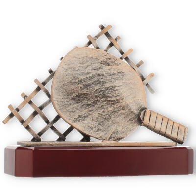 Pokal Zamakfigur Tischtennisnetz altgold auf mahagonifarbenen Holzsockel