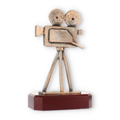 Pokal Zamakfigur Videokamera altgold auf mahagonifarbenen Holzsockel