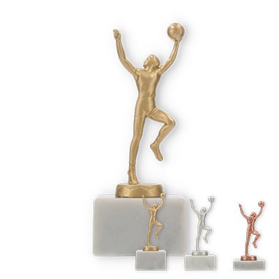 Trofeo figura metálica jugador de baloncesto sobre base de mármol blanco