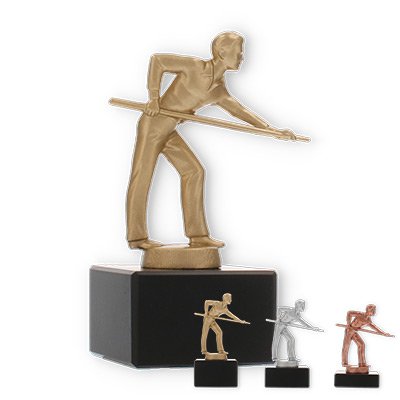 Coppa in metallo con figura di giocatore di biliardo su base di marmo nero