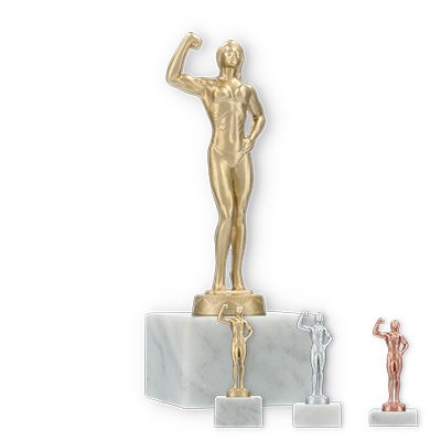 Trophy metal figure bodybuilder female on white marble based