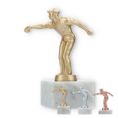 Trophy metal figure boßeln on white marble base